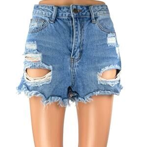Windsor Blue Frayed Raw Hem Distressed High Waist Denim Jeans Cutoff Shorts Sz S